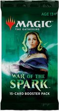 A Magic: The Gathering booster pack for War of the Spark, featuring a dark green background with an illustration of a female warrior and the Magic logo at the top.