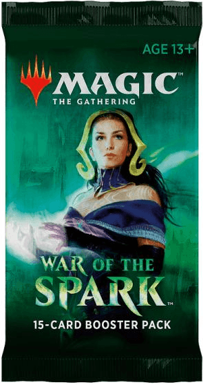 A Magic: The Gathering booster pack for War of the Spark, featuring a dark green background with an illustration of a female warrior and the Magic logo at the top.