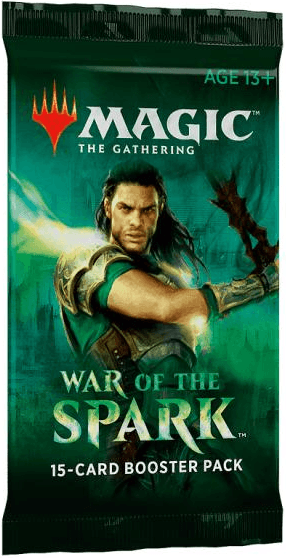 A Magic: The Gathering booster pack for War of the Spark, featuring a dark green background with artwork of a warrior and the game's logo.