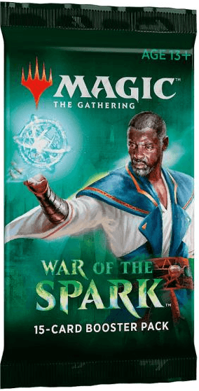 A Magic: The Gathering booster pack for 'War of the Spark' on a plain white background. The packaging features a dark green and teal design with an illustration of a male wizard casting a spell, and the Magic logo at the top.