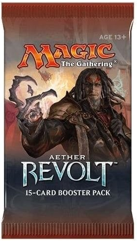 A Magic: The Gathering Aether Revolt 15-card booster pack shown upright on a plain white background. The pack features artwork of a fantasy character and the Magic logo in orange at the top.