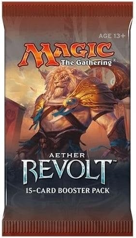 A Magic: The Gathering Aether Revolt 15-card booster pack shown upright on a plain white background. The pack features fantasy artwork of a warrior and the Magic logo in orange at the top.