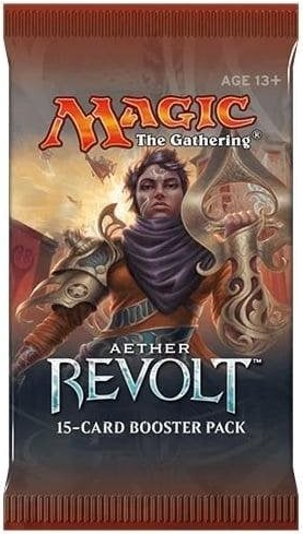 A Magic: The Gathering Aether Revolt 15-card booster pack shown upright on a plain white background. The pack features artwork of a female warrior with a purple scarf and the Magic logo in orange at the top.