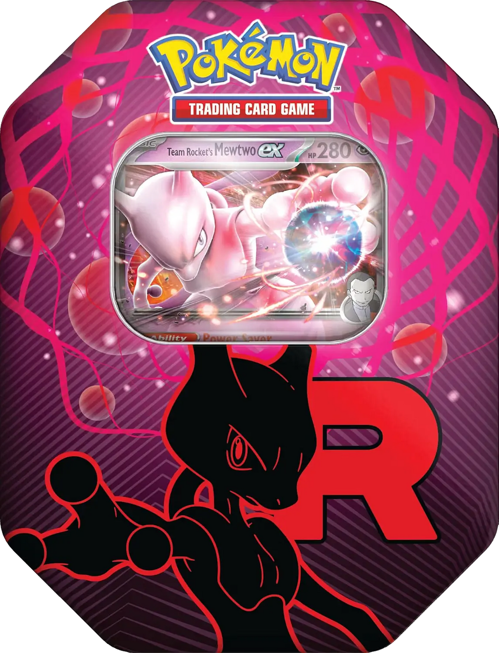 Pokémon Trading Card Game packaging with a pink and black design featuring a Pokémon card.