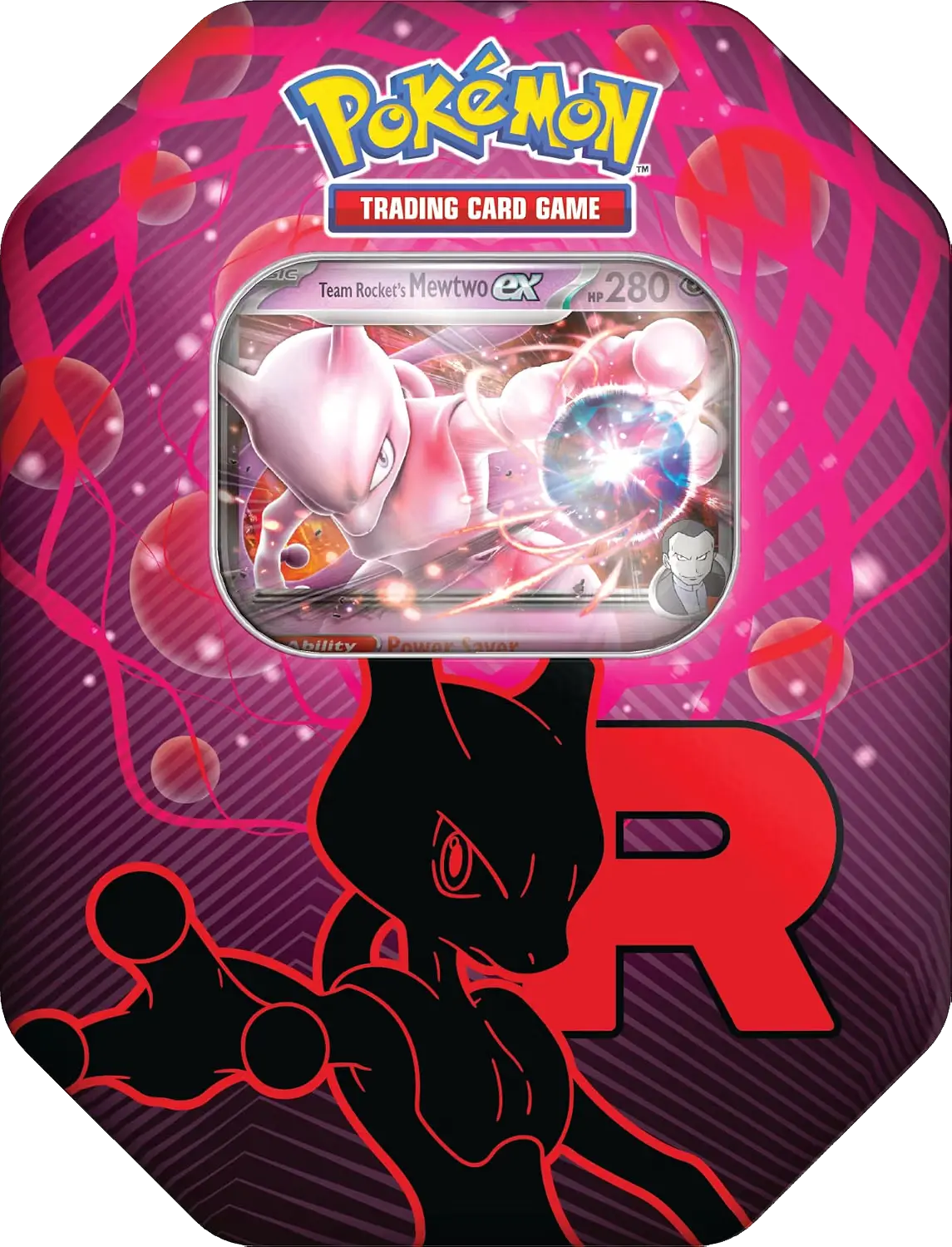 Pokémon Trading Card Game packaging with a pink and black design featuring a Pokémon card.