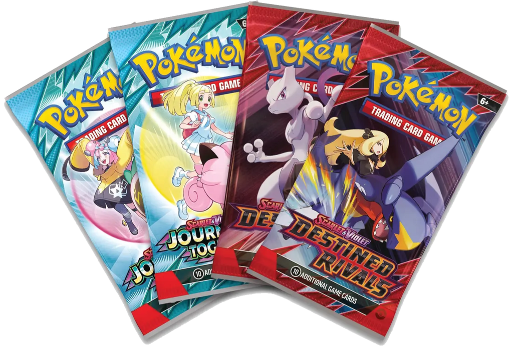 Four Pokémon trading card game packs on a white background