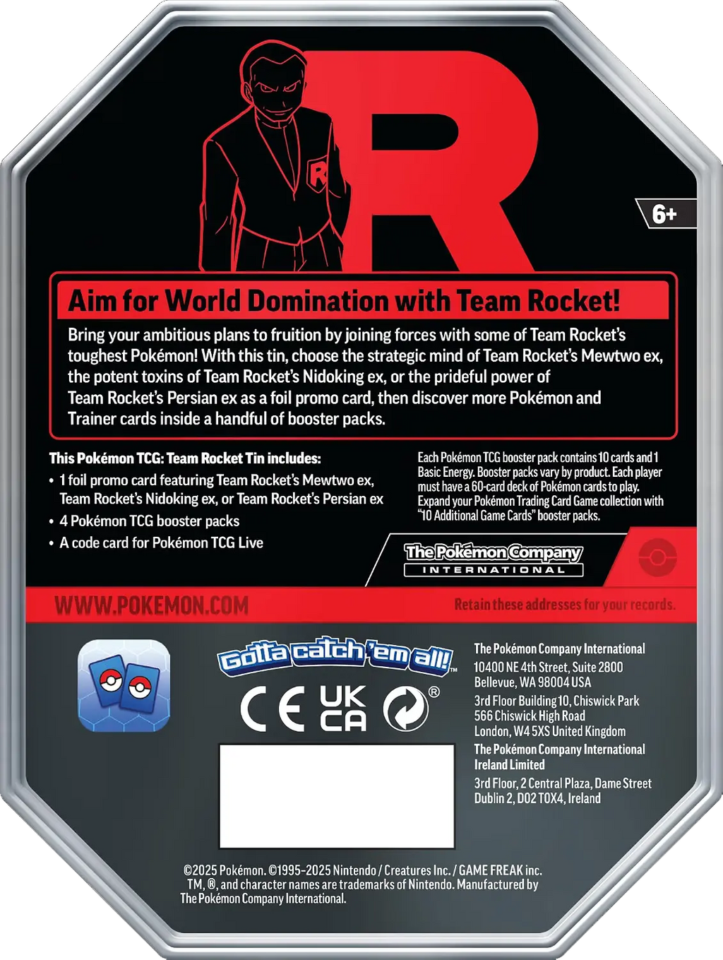 Back of a Pokémon TCG booster pack insert card, featuring black and red branding, product details for Team Rocket booster packs, website text, and certification logos including Softmaxcatch all and UKCA.