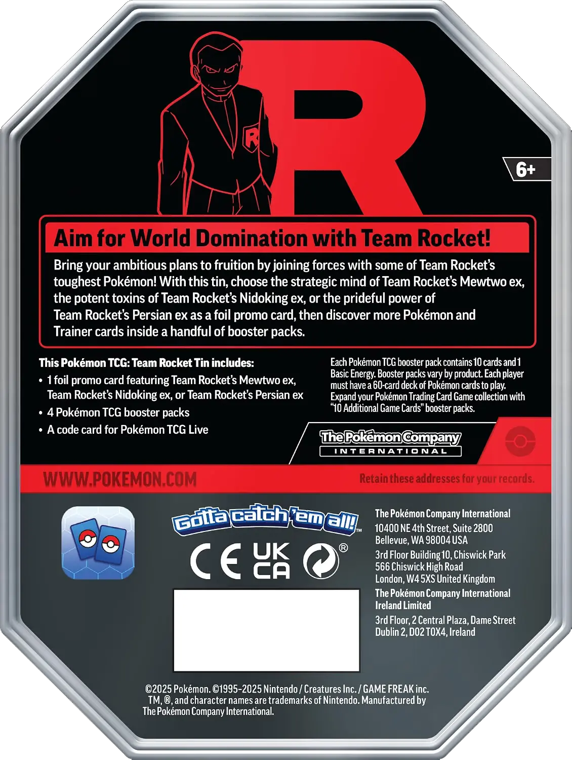 Back of a Pokémon TCG booster pack insert card, featuring black and red branding, product details for Team Rocket booster packs, website text, and certification logos including Softmaxcatch all and UKCA.