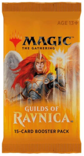 A Magic: The Gathering booster pack for the Guilds of Ravnica set, featuring a bright orange design with artwork of a winged female warrior with red hair.