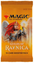 A Magic: The Gathering booster pack for the Guilds of Ravnica set, featuring a bright orange design with artwork of a winged female warrior with red hair.