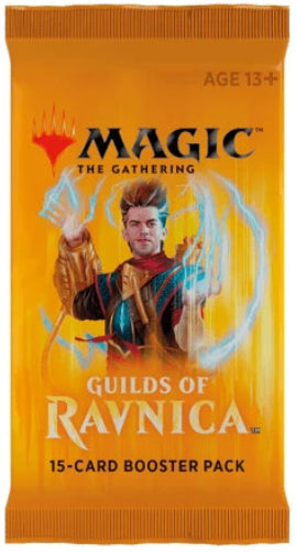 A Magic: The Gathering Guilds of Ravnica 15-card booster pack on a plain white background. The pack features a vibrant orange and yellow design with artwork of a wizard casting a spell.