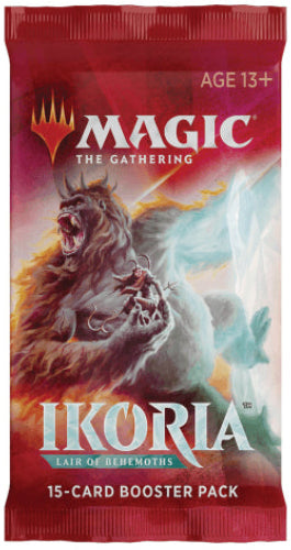 Magic: The Gathering Ikoria Lair of Behemoths 15-card booster pack, featuring red packaging with artwork of an ape.