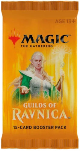 A Magic: The Gathering booster pack for the Guilds of Ravnica set, featuring a bright orange-yellow background with artwork of a female elf holding a green book and a staff.